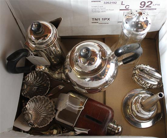 Plate-mounted leather-cased hip flask, Swedish-American Line tongs, sundry plated items, etc
